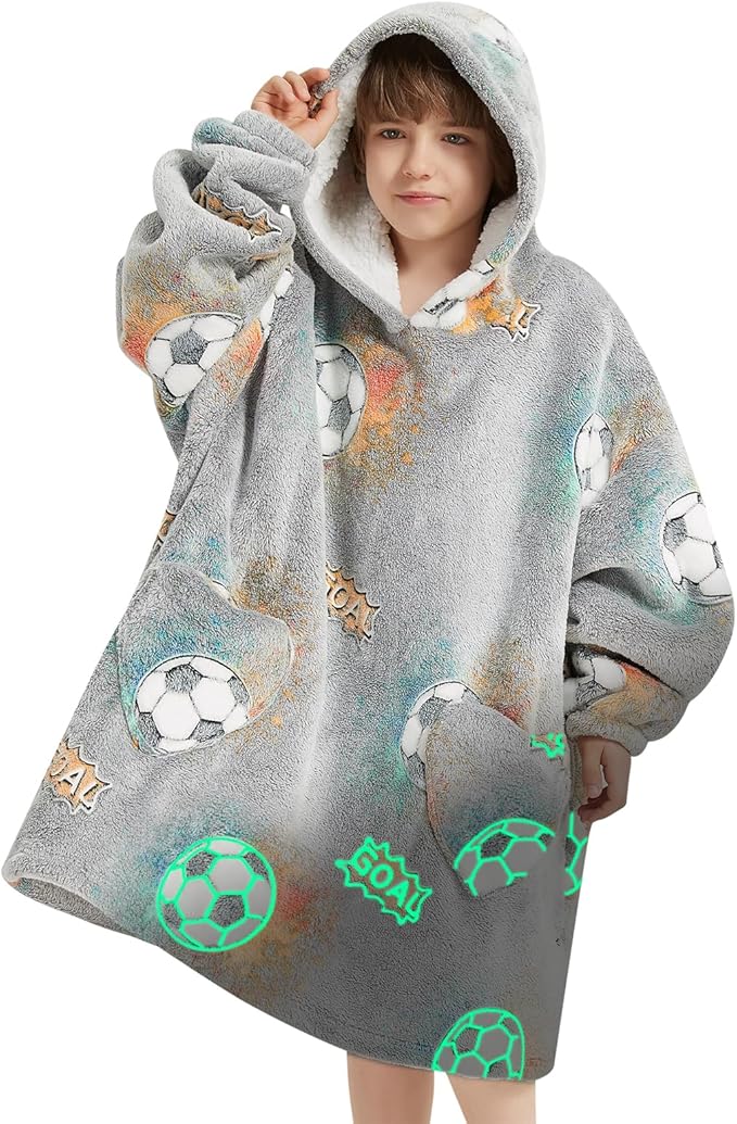 Fiosnow Glow in the Dark Football Blanket Hoodies for Kids 6-13YR Oversize Wearable Blanket Hoodies for Boys Girls Teens