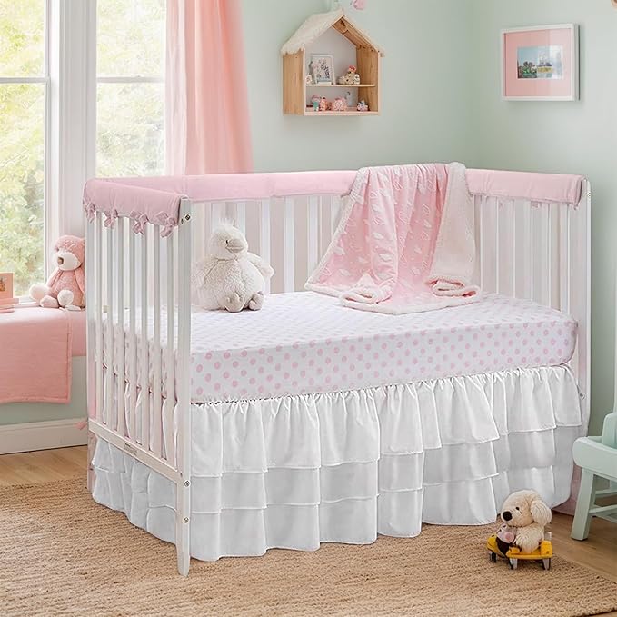 Ruffled Crib Bed Skirt: 3 Tiered Ruffled Crib Skirt Baby Girl Nursery Toddler Bedding Dust Ruffle, 17.7" Deep Drop- Fits Standard Cribs,28"x 52" (White)