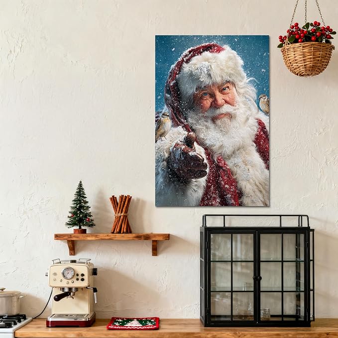 YONICA Christmas Canvas Wall Art Snowy Santa 24x32 Inch Winter Scene with Birds and Snowfall - Large Framed Gallery Wrapped Nature Theme