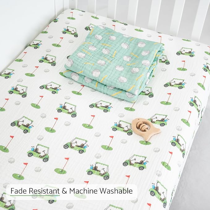 LollyBanks Muslin Crib Sheet 1 Pack, 100% Cotton Neutral Baby Crib Sheet for Standard 52"x28" Mattress, Soft Baby Fitted Sheets for Boys and Girls, Infant Bedding Essentials (Golf Cart Print)