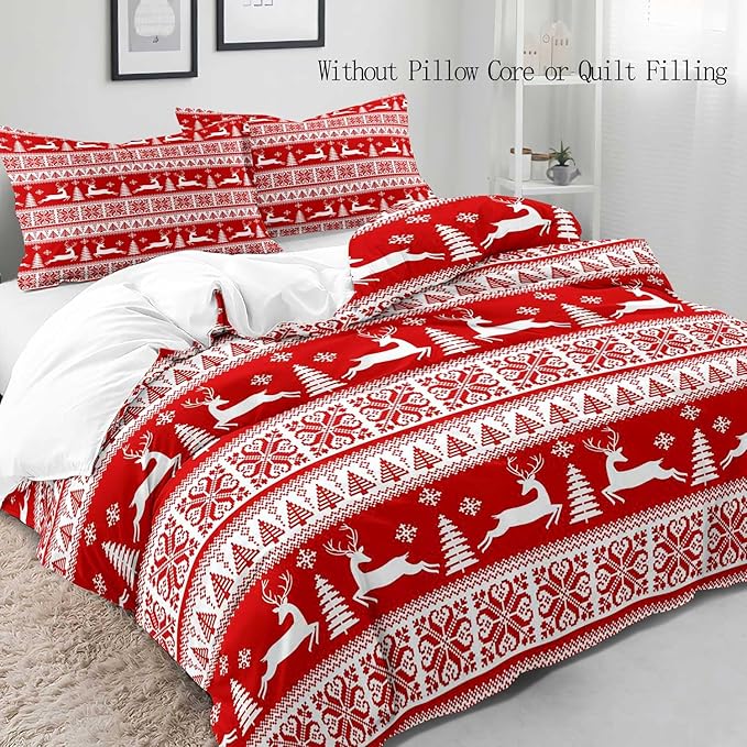 LUVIVIHOME 3PCS Christmas Duvet Cover Queen Bedding Sets, Red Duvet Cover, White Reindeer Snowflake Christmas Tree Winter Holiday New Year Xmas Striped Comforter Quilt, 2 Pillow Shams
