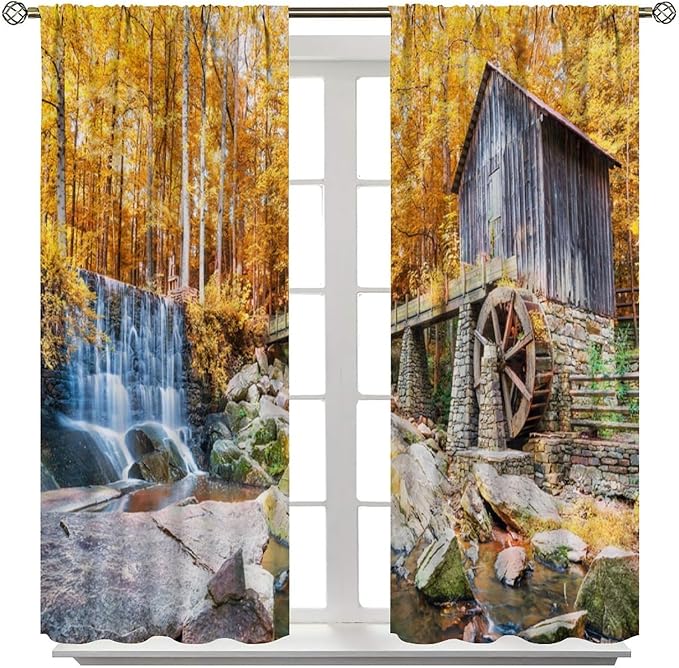 Autumn Waterfall Blackout Curtains, Landscape Fall Waterfall Outdoor Nature Art Window Drapes, for Bedroom Living Room 55" W X 63" L