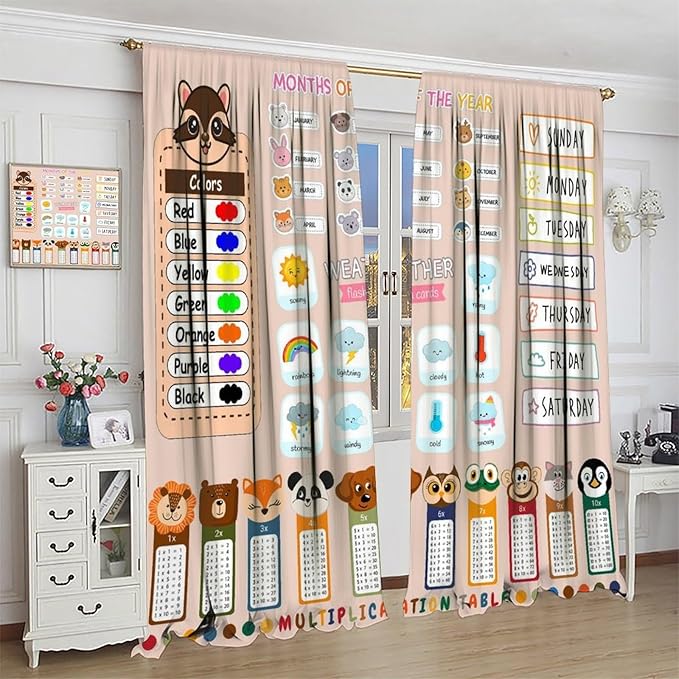 Funny Kids Educational Alphabet Curtain Cartoon Colorful Weather Multiplication Table Printed Rod Pocket Blackout Window Treatments for Bedroom Living Room 84" W X 84" L