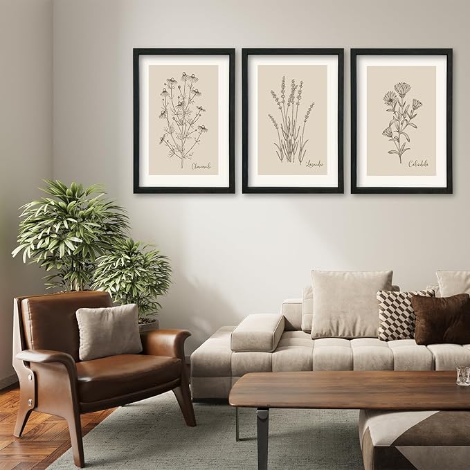 YWJKWLGS Vintage Botanical Wall Art 11x16 Inch Set Of 3 Wooded Framed Minimalist Rustic Wildflower Pictures Floral Sign Bedroom Wall Hanging Decor (Black)