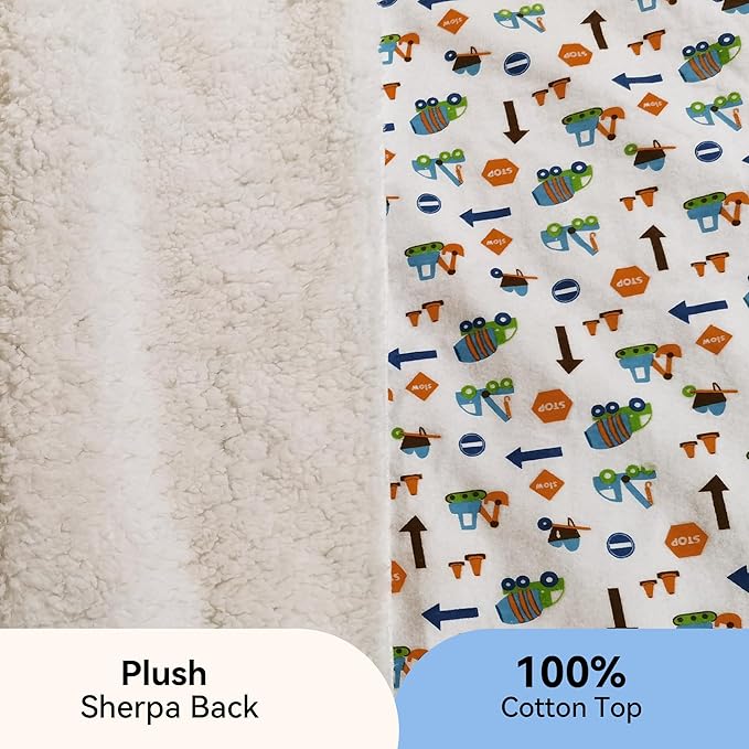 Kids Sherpa Throw Blanket – Soft Cotton & Warm Sherpa Toddler Blanket, Trucks, Cranes & Construction Vehicles Pattern, Plush Winter Bed Throw, 40 x 60 inches
