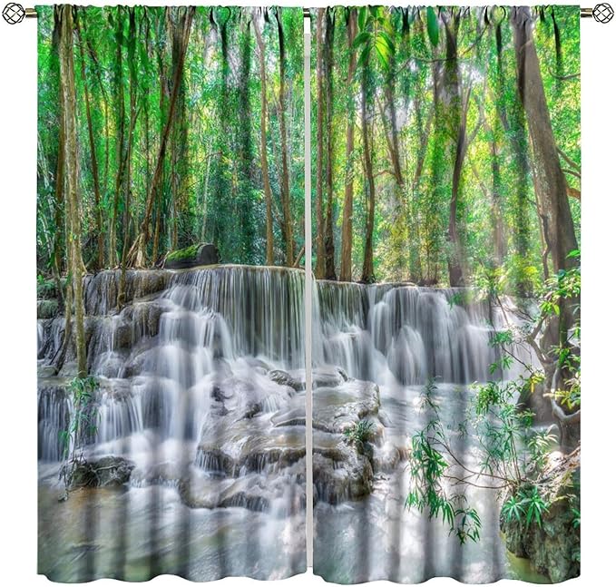 Forest Waterfall Blackout Curtains, Scene Nature Theme Mountain Stream Scenery Print Window Drapes, for Bedroom Living Room 55" W X 63" L