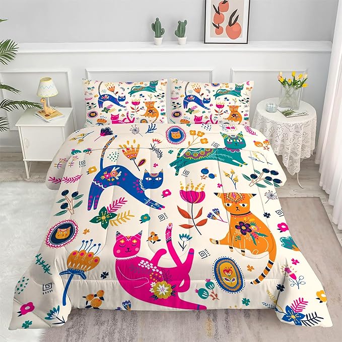 Cat Comforter Set Twin: Cute Floral Cats Twin Bedding Sets for Girls Kids Teens Toddler Cartoon Flowers Kawaii Animals Print Quilt Duvet Bed Set with 1 Comforter & 1 Pillowcase