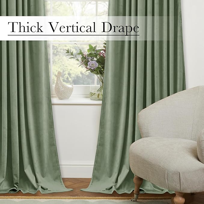 StangH Retro Green Velvet Curtains 84 Inches, Room Darkening Super Soft Drapes with Pleat Tape for Living Room Bedroom, Thermal Insulated Window Treatment, 52 x 84 Inch, 2 Panels