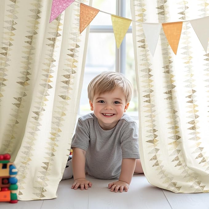 jinchan Linen Nursery Curtains for Living Room Boho Curtains for Bedroom Kids Room 96 Inches Long Geometric Printed Farmhouse Drapes Rod Pocket Window Treatment Curtain Set of 2 Panels Taupe Gray