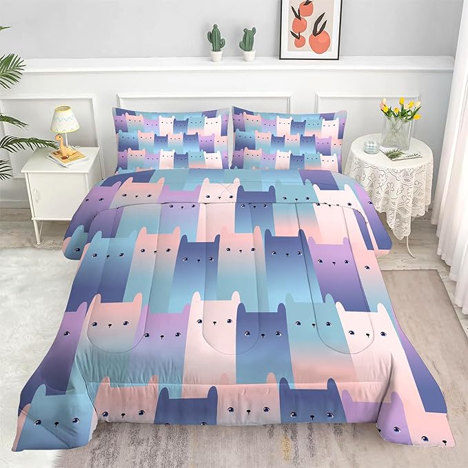 Cat Comforter Set Queen: Cute Gradient Cats Bedding Set for Women Tween Girls Adult Kawaii Kitten Quilts 3 Piece Pet Animal Print Bed Sets 1 Comforter & 2 Pillowcases