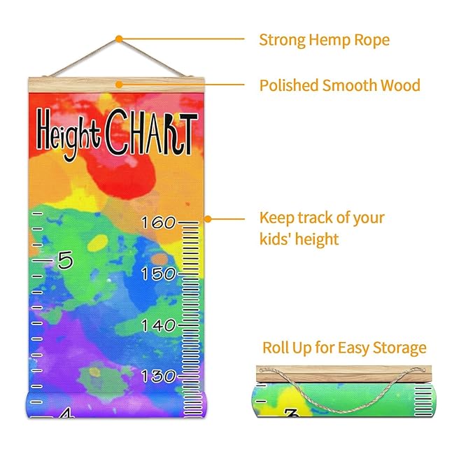 Kids Growth Chart Ruler for Wall Wood Frame Height Measure Chart 13.4x56 in Linen Hanging Height Growth Chart Watercolor Tie Dye Kids Room Decor