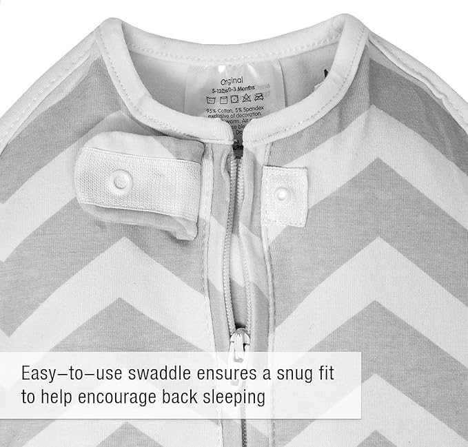 Woombie Original Baby Swaddling Blanket - Self-Soothing, Cotton Baby Swaddle with Zipper - Wearable Newborn Blanket, Sleepy Grey Chevron, 5-13 lbs