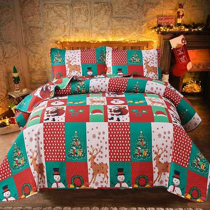 Christmas Bedding Set King Size Christmas Quilt Bedspread Holiday Xmas Bedding Plaid Patchwork Rustic Lodge Cabin Snowman Santa Claus Festival Decor Lightweight Reversible Bedspread Coverlet Red