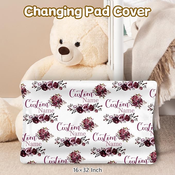 Custom Name Crib Bedding Set, 3 Pcs Personalized Baby Crib Bedding Set, Soft Red Rose Nursery Crib Sets for Boys Girls, Double Layer Toddler Bedding Set Customized Gifts for Newborn Kids