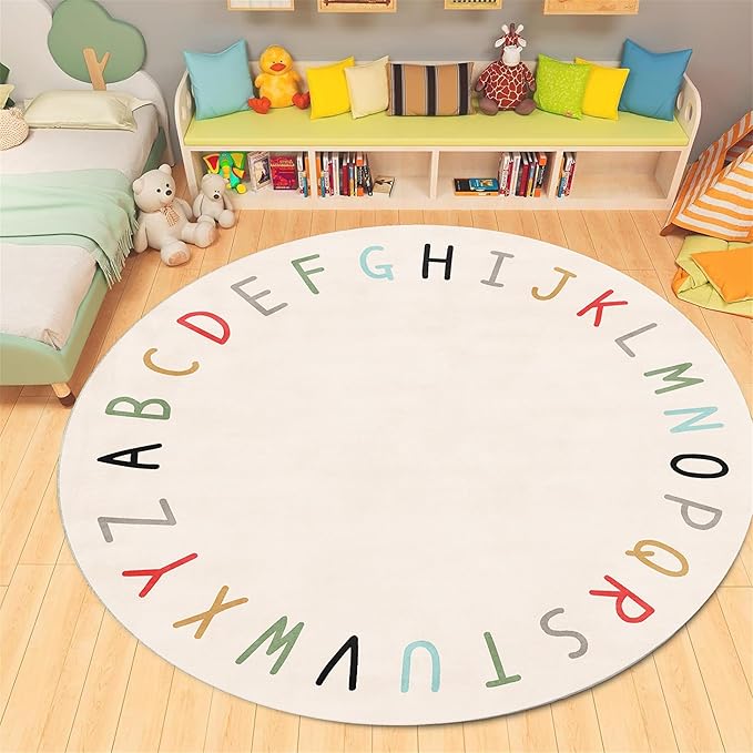 Children's Round Play Rug,6ft,ABC Letter Educational Rug, Soft and Fluffy Imitation Cashmere Rug, Non-Slip Washable Floor Mat for Children's Room, Suitable for Nursery, Classroom, Playroom