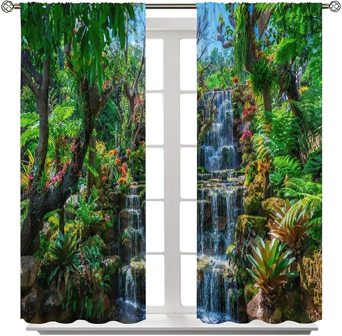 Waterfall Blackout Window Curtains, Spring Forest Nature Landscape Theme Pattern Print Window Drapes, for Living Room Bedroom 63x63in 2 Panels