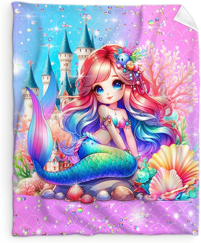 Mermaid Blanket for Girls 4-6, Throw for Toddlers Kid Teens 40x50 Inches Soft Cozy Throw Blankets for Mermaid Lovers Daughter Sofa Couch Bed Trip