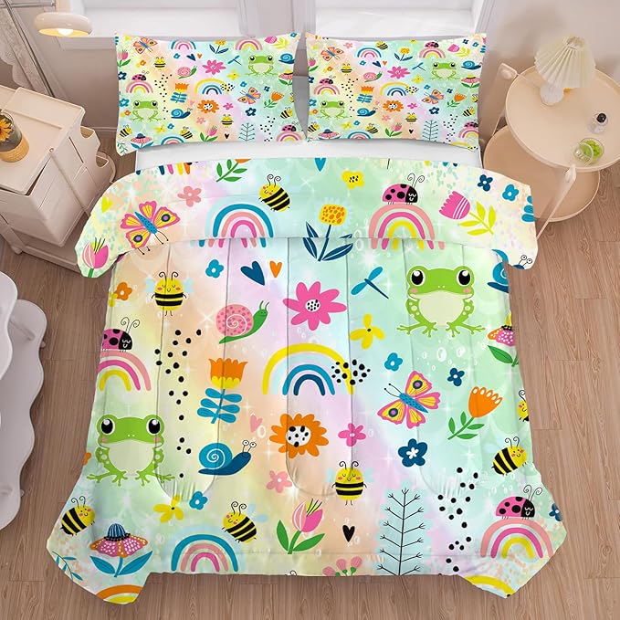 Rainbow Comforter Set Queen Size Cartoon Frogs Bedding Sets for Girls Kids Women Boys Flowers Butterfly Bees Snails Insects Cute Kawaii Quilt 1 Comforter + 2 Pillow Cases