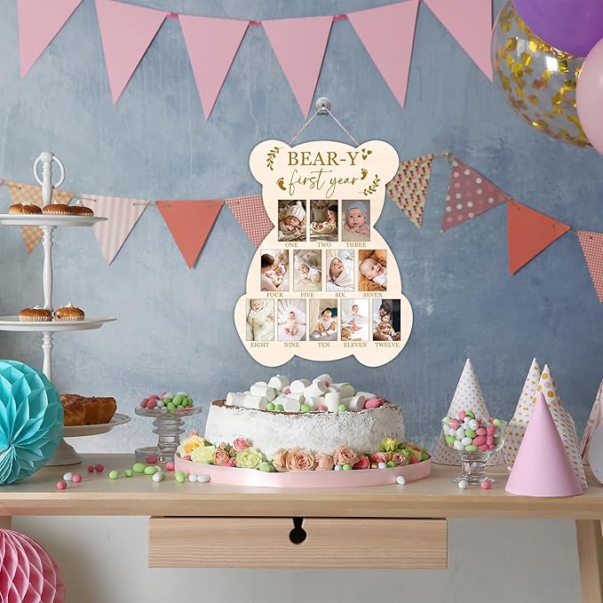 Bear My First Year Photo Board, Bear-Y Baby Milestone Signs for Boys Girls Nursery Decor, 12 Month Pictures for Baby First Year, Picture Board for 2x3 Photos, Best Babies Keepsake Gifts-A27