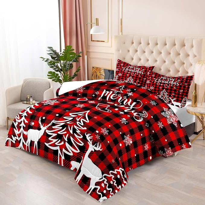 LUVIVIHOME 3PCS Christmas Comforter Set King Size, Plaid Bedding, Red and Black Buffalo Check Snowflake Forest Deer Merry Christmas Bedroom Decor, Soft Microfiber Quilt, Xmas Gifts, 2 Pillow Cases