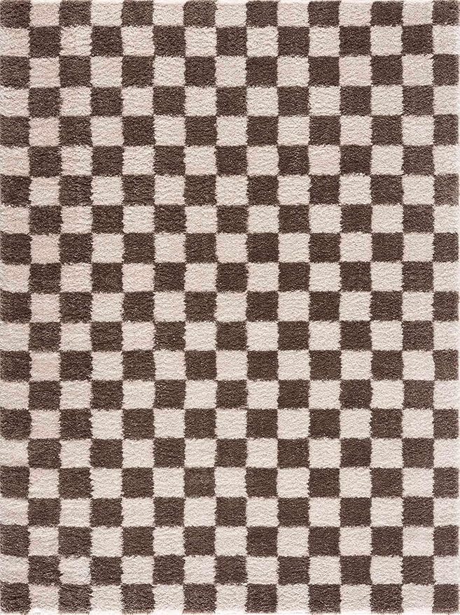 Hauteloom Canika Modern Checkered High Pile Area Rug - Contemporary Geometric Carpet for Living Room, Bedroom - Machine Washable Area Rug - Peach, Dark Brown - 2' x 2'11"