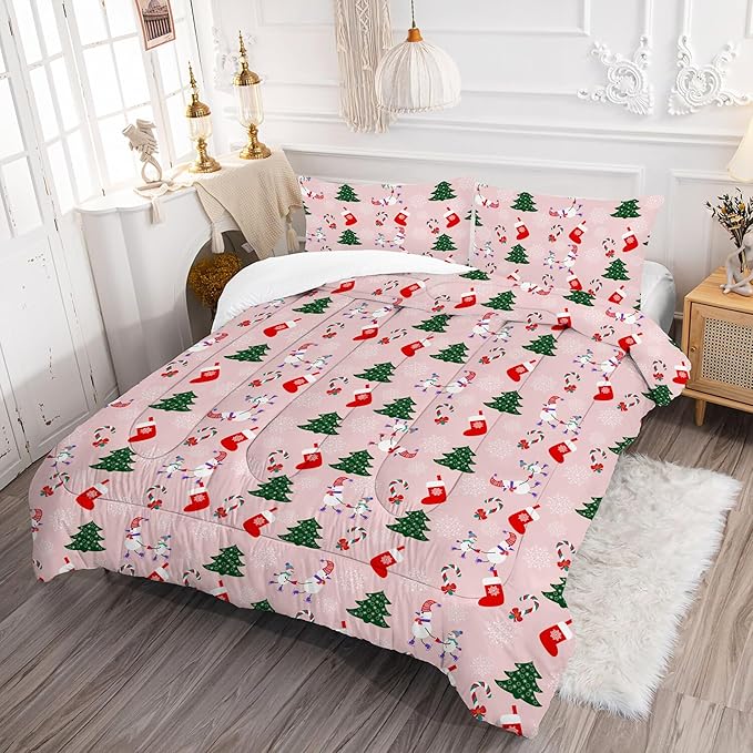 Pink Christmas Comforter Queen: Cartoon Xmas Snowman Bedding Sets Queen Size for Teen Girls Women Adults Christmas Tree Snowflakes Quilt Bed Set 1 Comforter & 2 Pillowcases