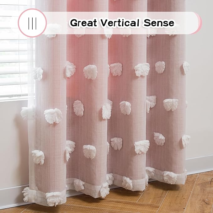 MYSKY HOME Pink Curtains for Bedroom 90 Inches Long Living Room Curtain with Pom Pom Sheer for Dining Room Grommet Double Layer Nursery Curtain Drapes Toddler Room Darkening Window Panels 52 x 90 in