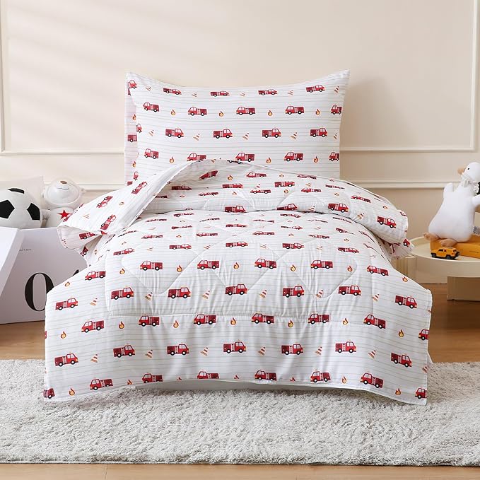LONAVA Twin Kids Comforter Set - 4 Pieces Twin Bedding Sets for Boys Girls Children, Ultra Soft Microfiber Bed in A Bag with Flat Fitted Sheets, Fire Truck