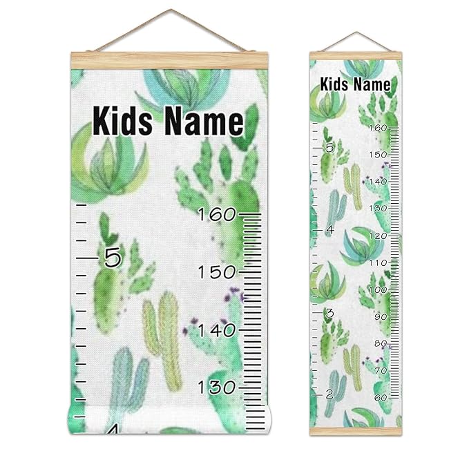 Personalized Kids Name Growth Chart Ruler for Wall Wood Frame Height Measure Chart 13.4x56 in Linen Hanging Height Growth Chart Cactus Green Watercolor Kids Room Decor