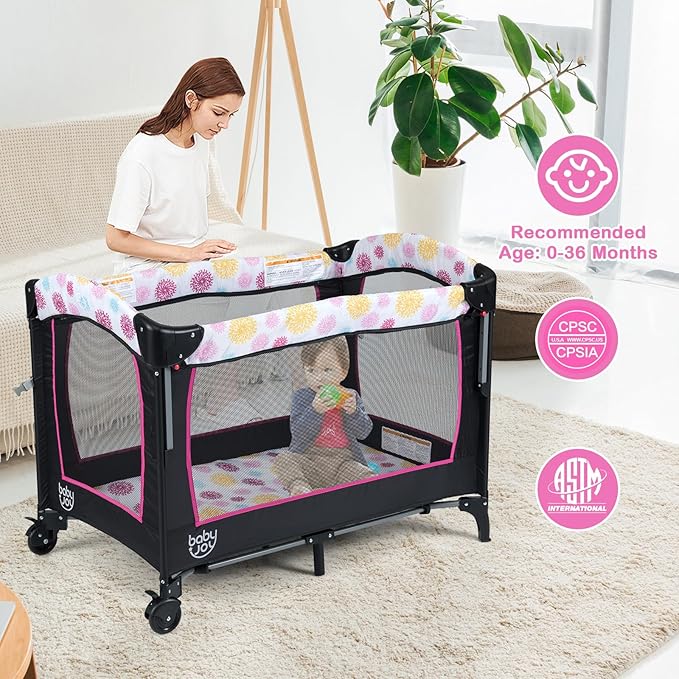 BABY JOY 4 in 1 Pink Pack and Play, Baby Bedside Sleeper with Bassinet, 3 Adjustable Heights, Music Box, Easy to Install, Foldable Bedside Crib w/Changing Table, Playards from Newborn to Toddlers Rose