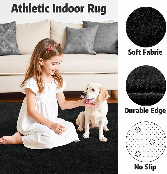 Chicrug 4x6 Minimalist Washable Area Rugs for Bedroom Living Room Classroom, Modern Soft Memory Foam Rug for Kids Nursery, Low Plie Indoor Carpet for Dorm Dining Office Bedside Room Decor, Black