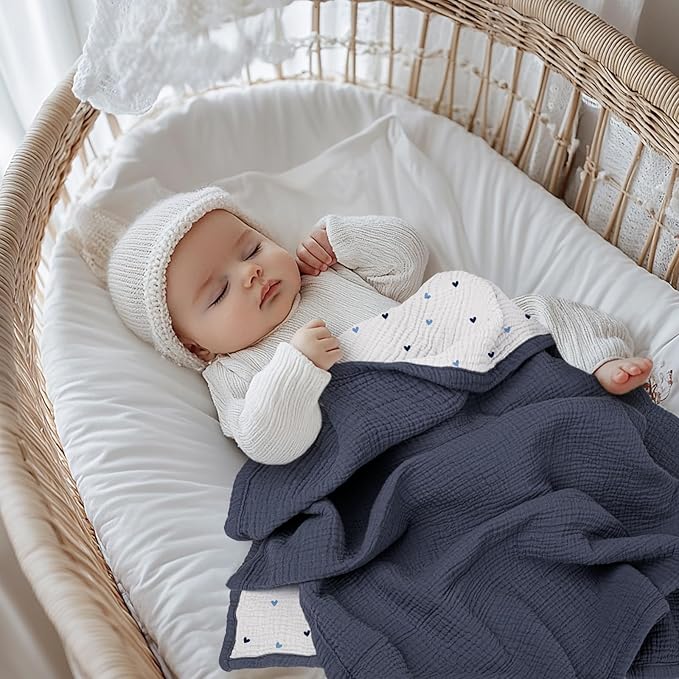 lulumoon Baby Blanket for Newborns: Muslin Swaddle for Receiving Neutral - Crib Quilt for Travel Boy & Girls 30"x40"(Blue)