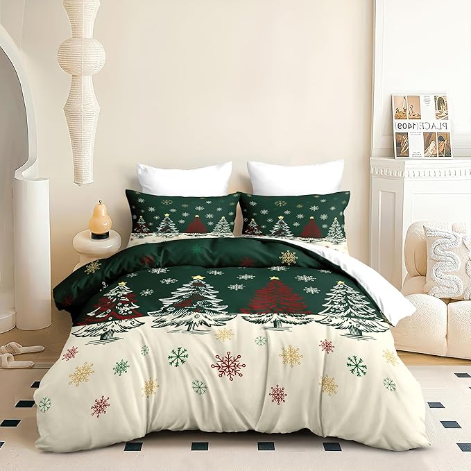 Christmas Duvet Cover Queen Size Green Christmas Tree Bedding Set 3 Pcs Kids Boys Girls Xmas Holiday Cartoon Snowflake Comforter Cover with Zipper Closure (No Comforter)