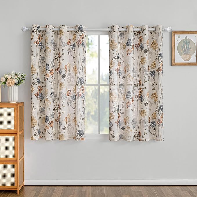 MYSKY HOME Linen Curtains 54 inch Floral Pattern Light Filtering Privacy Protect Drapes for Window Decoration Rustic Vintage Style for Bedroom Family Room, 52" Wide, Yellow, 2 Pcs