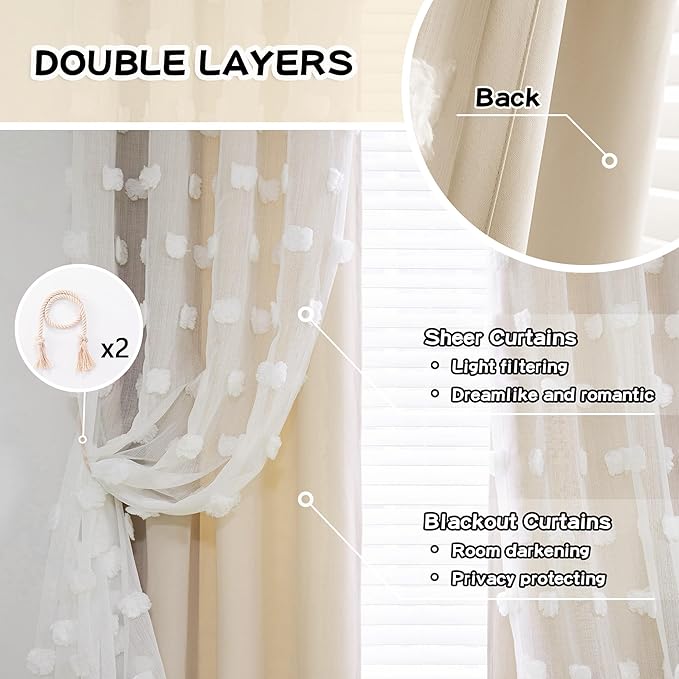 MYSKY HOME Beige Curtains for Bedroom 63 Inch Long Double Layer Curtains for Kids Room Kithen Beige Pom Pom Sheer Nursery Curtains Grommet Room Darkening Window Curtains 2 Panels Set, 52 x 63 Inch