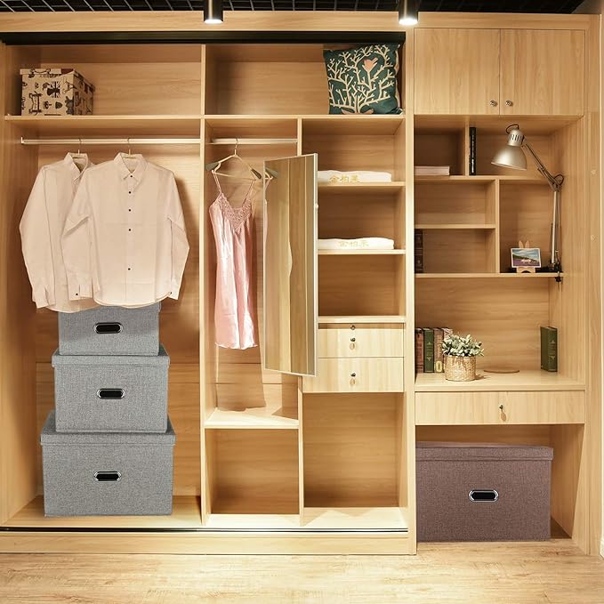 Linen Fabric Collapsible Storage Bins with Removable Lids and Handles, Washable Storage Box Containers Baskets Cube with Cover for Bedroom,Closet,Office,Living Room,Nursery (Khaki, Medium)
