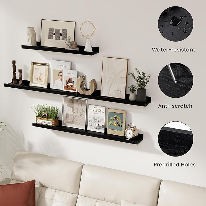 Picture Ledge Shelf, 72 inch Solid Ash Wood Floating Shelves Set of 2, Picture Ledge Ledge Wall Mounted for Living Room Kids' Room Bedroom, Color Black