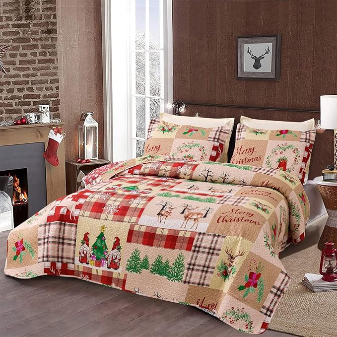 Christmas Bedding Set Queen Christmas Quilt Bedspread,Gnome Santa Claus Plaid Patchwork Xmas Quilt Set Bedding Holiday Christmas Quilts Decor Gift Elk Pattern Lightweight Reversible Bedspread Coverlet