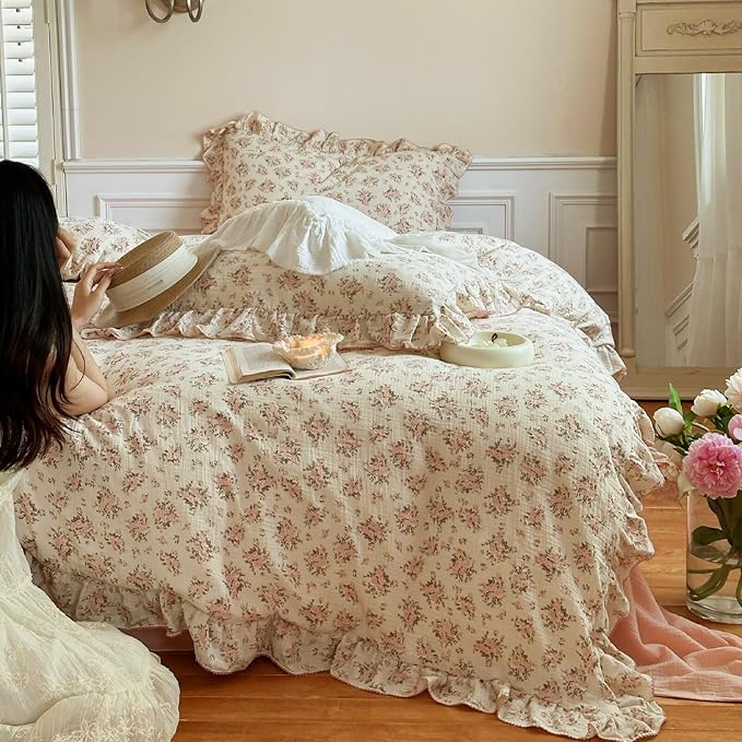 BuLuTu Muslin Duvet Cover Full for Kids Adults Elegant Pink Floral Duvet Covers with Ruffles Soft Breathable Comforter Cover Quilted Cover for Women Girls, 79"x90", No Pillow Cases
