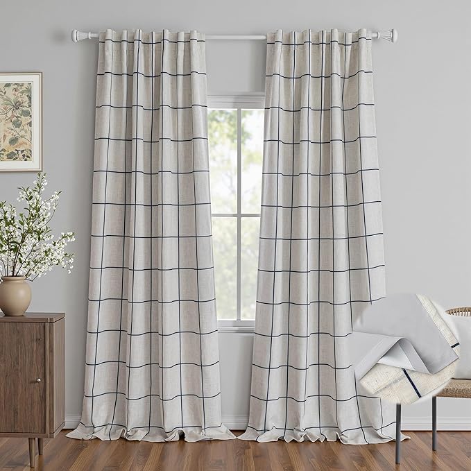 MYSKY HOME 100% Blackout Navy Blue Plaid Linen Farmhouse Curtains 95 Inches Long for Dining Room Double Layer Thermal Insulated Striped Print Drapes with Rod Pocket Back Tab, 2 Panels, Wide 52 Inch