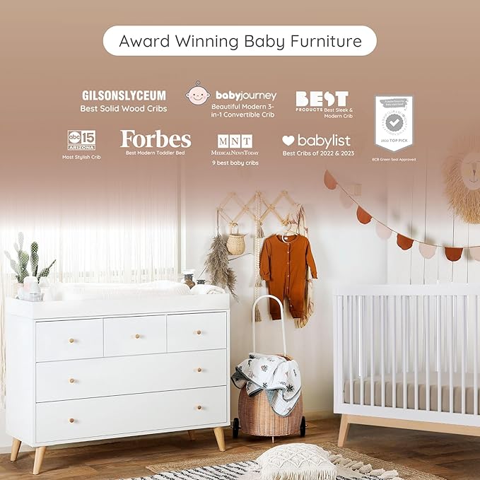 dadada Baby Harmony Set, Nursery Furniture Set. Baby Crib and Dresser Combo. Soho 3 in 1 Convertible Crib and Austin 5 Drawer Nursery Dresser. White & Natural Beechwood