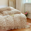 BuLuTu Cottage Pink Floral Duvet Cover King, Muslin Comforter Cover with Ruffles, Princess Bedding Quilt Cover with Zipper & Corner Ties,90"x90", No Pillow Case, Soft Breathable Lightweight