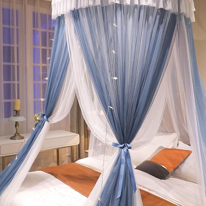 AIKASY Girls and Adults Canopy Bed, Elegant Double-Layer Bed Curtain, Children's Dream Round Lace Mosquito Net, Princess Canopy Net - Fits Twin, Full, Queen, and King Beds (White/Blue)