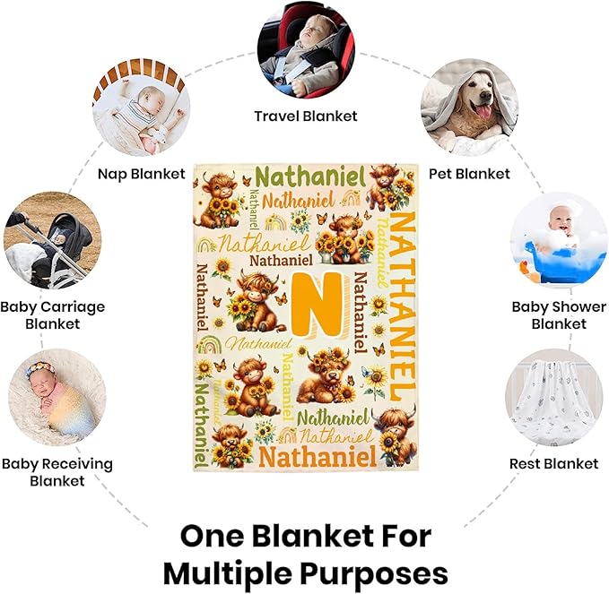 Personalized Custom Sunflower Highland Cow Preschool Blanket Gifts for Baby Toddler Kids Boys Girls Pets - Customized Sunflower Highland Cow Super Soft Flannel Sheets 30"x40" Decor for Crib Nap Couch