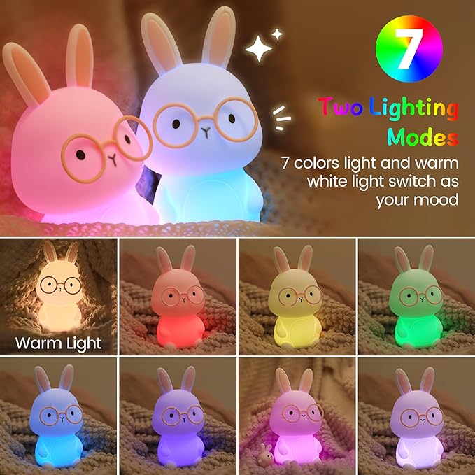 Bunny Night Light, Rabbit Lamp for Kids,Rechargeable Nursery Nightlight ,Silicone Bedside Lamp with Touch Color Changing,Dimmable/TimmerLight, Room Decor,Easter Gift / Christmas Gifts for Boys Girls