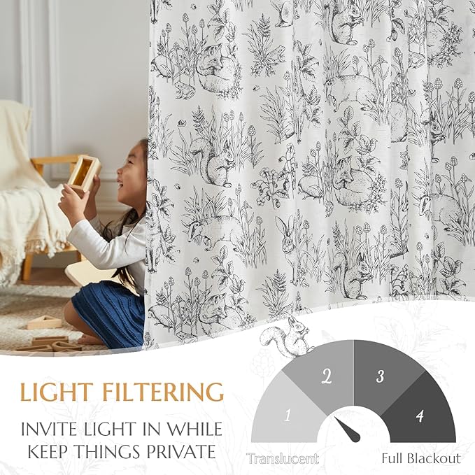 jinchan Linen Nursery Curtains 84 inch Long Woodland Wildlife Black Print Drapes for Kid's Room Light Filtering French Country Farmhouse Curtains with Bunny and Forest Design Set of 2 Panels