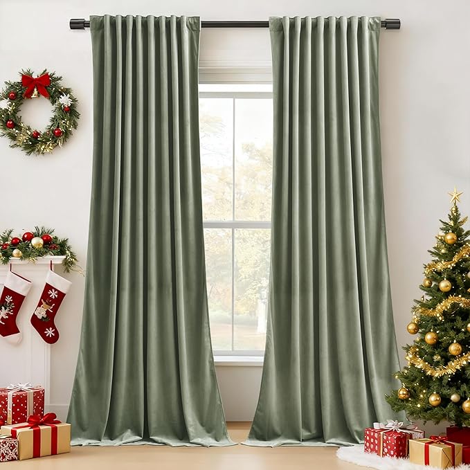 StangH Sage Green Velvet Curtains 120 inches - High Ceiling to Floor Curtains Back Tab Thermal Insulated Drapes for Sliding Door/French Door/Hall, W52 x L120, 2 Panels