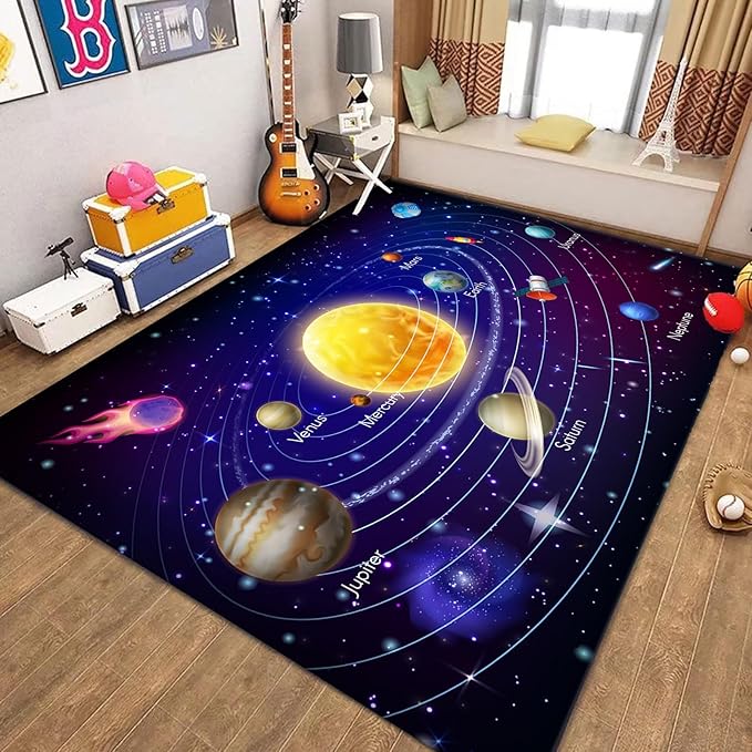 Solar System Planet Area Rug,5x6ft,Boys and Girls Room Large Play Mat, Suitable for Children's Room Bedroom, Classroom, Daycare Center, Kindergarten, Non-Slip Washable Carpet