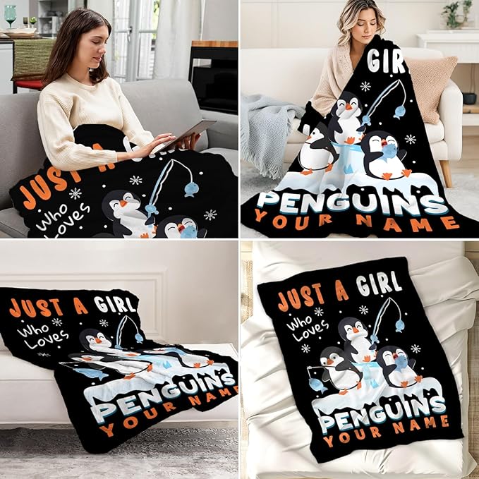 Custom Penguin Blanket for Teen Girls - 50" x 60" Inches Cute Penguin Throw Blanket Gift - Black Soft Warm Throws for Couch, Bed & Travel