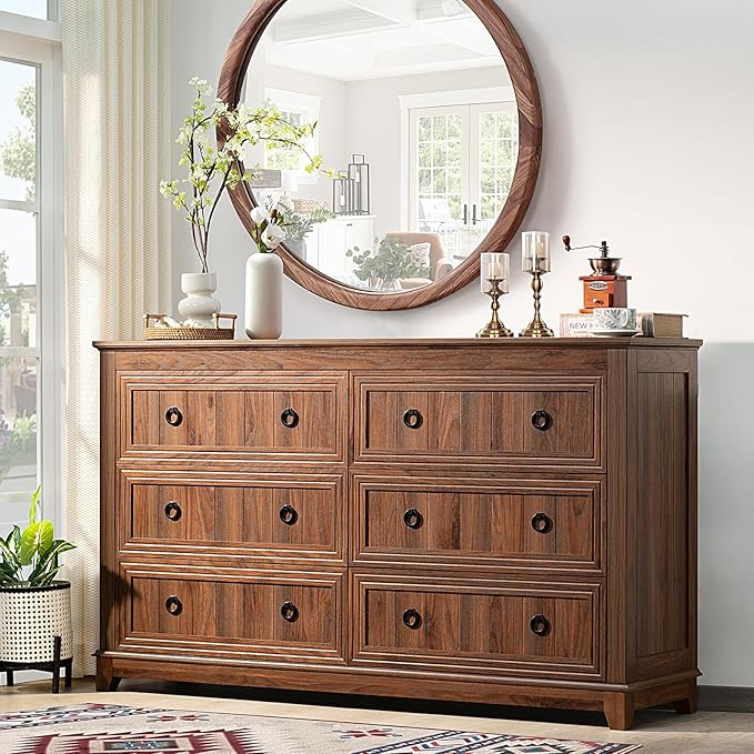 Farmhouse Living Room Sets, Night Stands Set of 2 and 6 Drawers Dresser for Bedroom, 58 Inch Wide Wood Dresser and 18.1" Night Stands with Charging Station for Bedroom, Living Room, Hallway